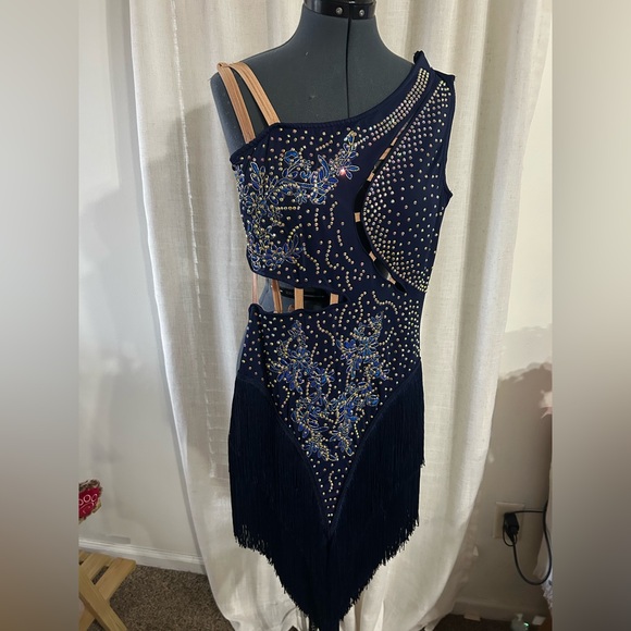 Dresses & Skirts - Navy and Silver Fringe Ballroom Rhythm Dance Dress